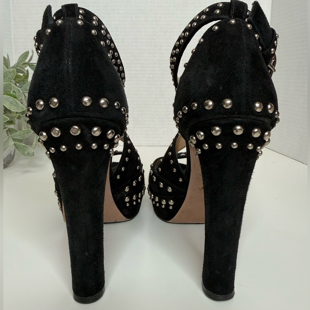 Prada Black Suede Studded Cross Strap Platform Pumps Size 35 Luxury Italian Glam - Picture 11 of 17